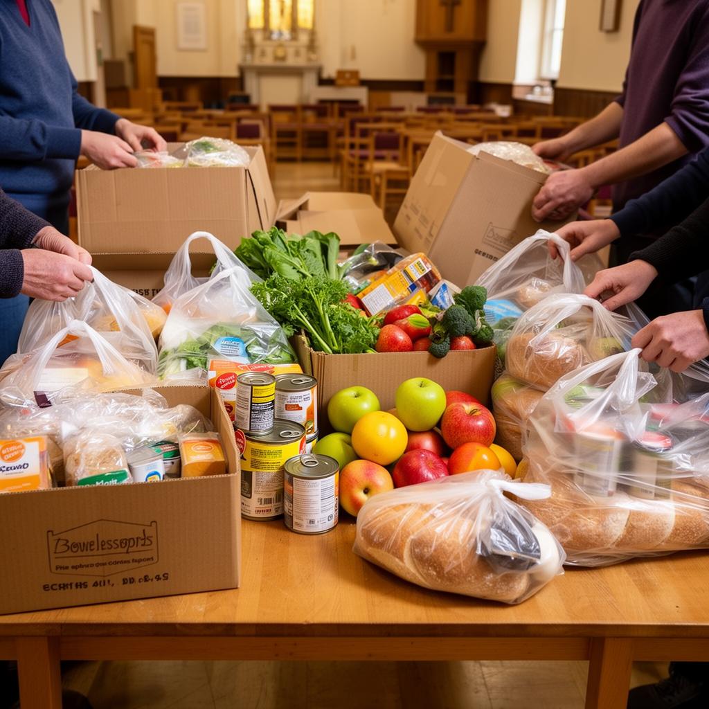 Volunteers packing food parcels for delivery.
